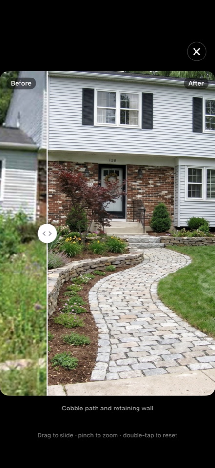 Before/after AI-generated landscape install with cobble path and retaining wall