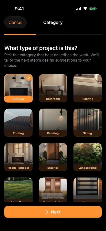 ProEstimate AI category picker with kitchen, bath, roofing, painting, siding, room remodel, exterior, and landscaping