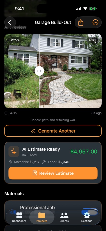 Garage Build-Out project with AI Estimate Ready showing $4,957 total