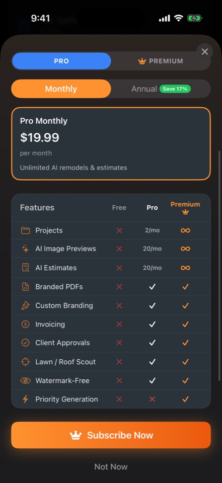 Plans screen of the ProEstimate AI iOS app — Free, Pro, or Premium — toggle monthly or annual on the same sheet.