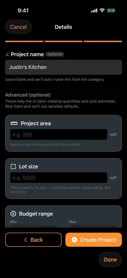 Project details screen of the ProEstimate AI iOS app — Optional area, lot size, and budget tune the AI's quantity math.
