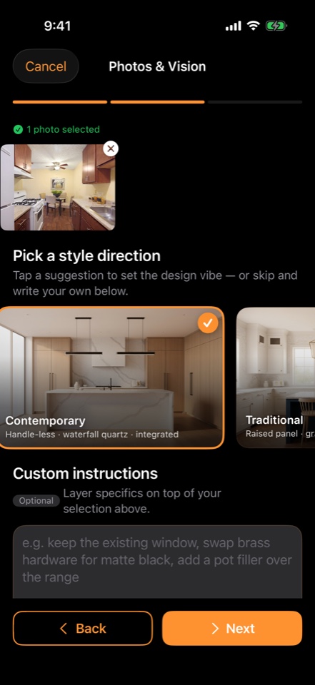 ProEstimate AI photo upload screen with style direction picker